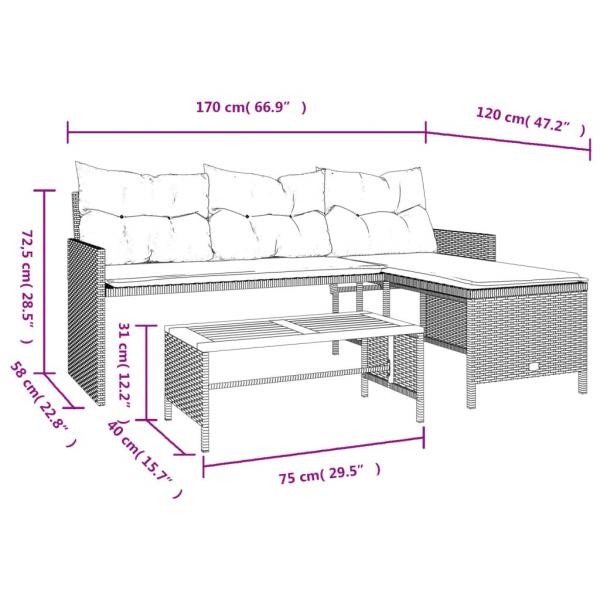 Gartensofa in L-Form mit Tisch und Kissen Grau Poly Rattan