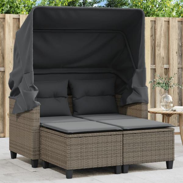 ARDEBO.de - Gartensofa 2-Sitzer mit Dach und Hockern Grau Poly Rattan