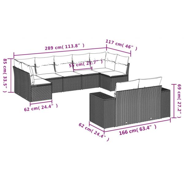 9-tlg. Garten-Sofagarnitur mit Kissen Schwarz Poly Rattan