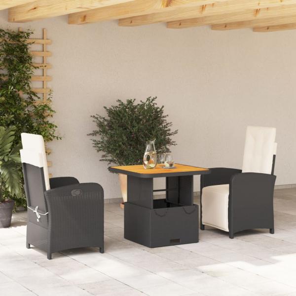 ARDEBO.de - 3-tlg. Garten-Essgruppe mit Kissen Schwarz Poly Rattan