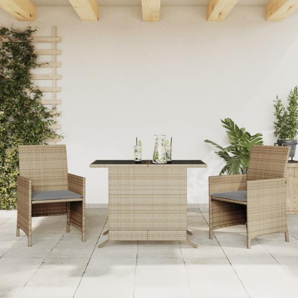 ARDEBO.de - 3-tlg. Bistro-Set mit Kissen Beigemischung Poly Rattan