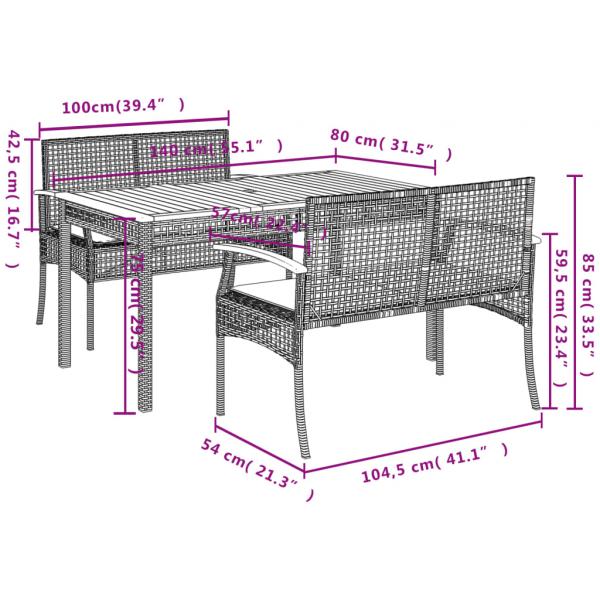 3-tlg. Garten-Essgruppe mit Kissen Schwarz Poly Rattan