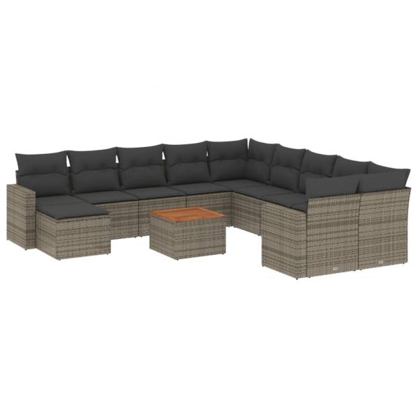 12-tlg. Garten-Sofagarnitur mit Kissen Grau Poly Rattan