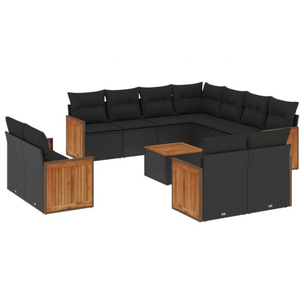 12-tlg. Garten-Sofagarnitur mit Kissen Schwarz Poly Rattan