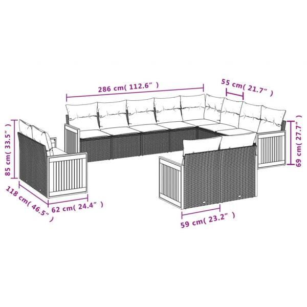 12-tlg. Garten-Sofagarnitur mit Kissen Grau Poly Rattan