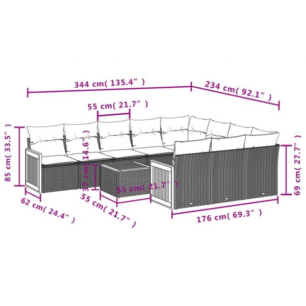 11-tlg. Garten-Sofagarnitur mit Kissen Grau Poly Rattan