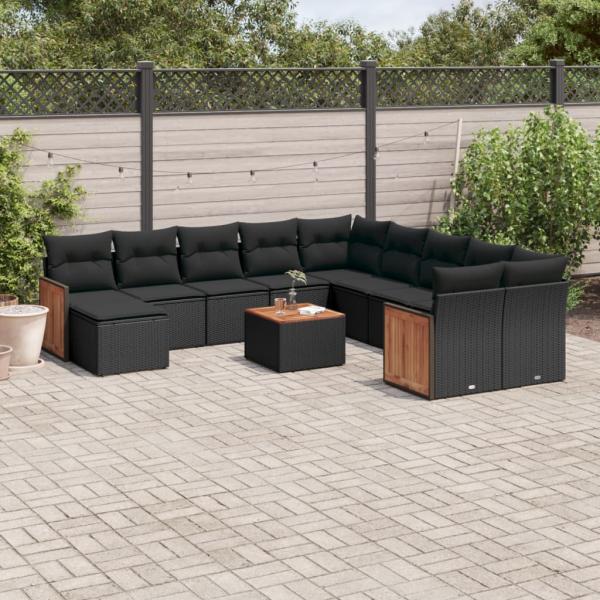 ARDEBO.de - 12-tlg. Garten-Sofagarnitur mit Kissen Schwarz Poly Rattan