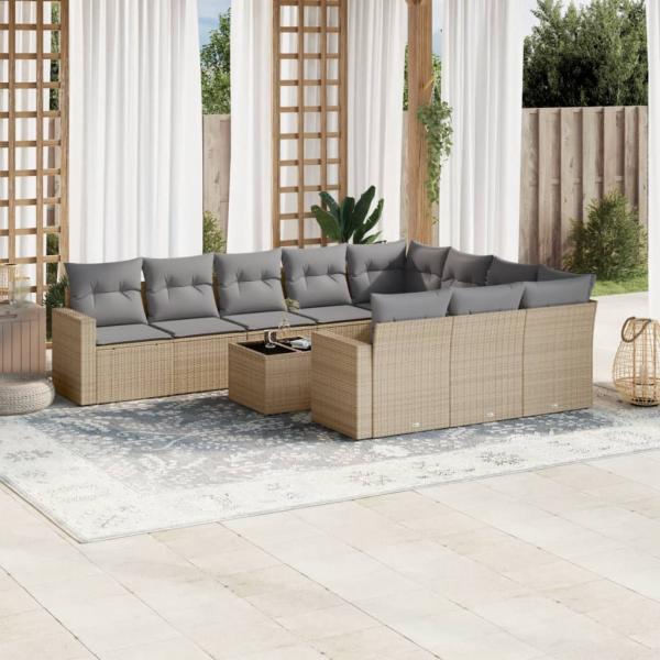 ARDEBO.de - 11-tlg. Garten-Sofagarnitur mit Kissen Beige Poly Rattan