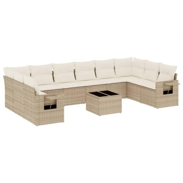 11-tlg. Garten-Sofagarnitur mit Kissen Beige Poly Rattan