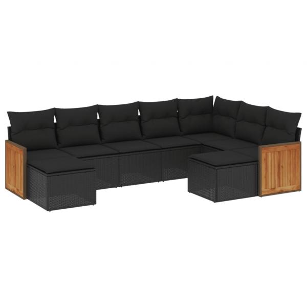 9-tlg. Garten-Sofagarnitur mit Kissen Schwarz Poly Rattan