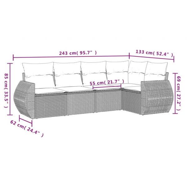 5-tlg. Garten-Sofagarnitur mit Kissen Grau Poly Rattan