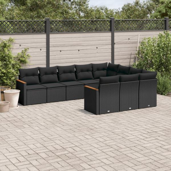 ARDEBO.de - 10-tlg. Garten-Sofagarnitur mit Kissen Schwarz Poly Rattan