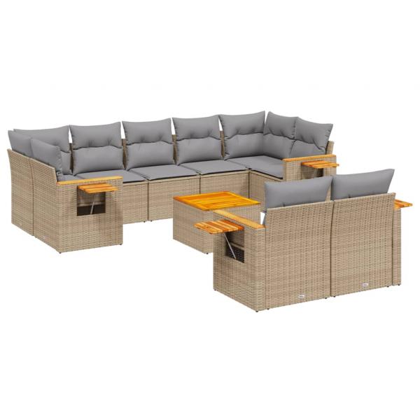 10-tlg. Garten-Sofagarnitur mit Kissen Beige Poly Rattan