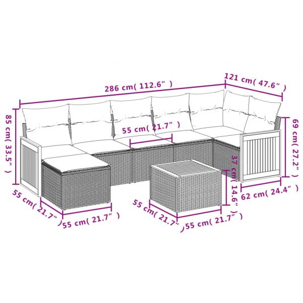 8-tlg. Garten-Sofagarnitur mit Kissen Grau Poly Rattan