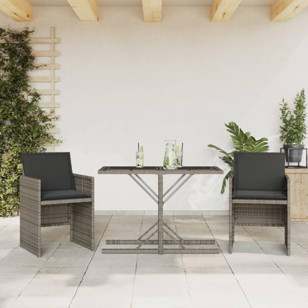 ARDEBO.de - 3-tlg. Bistro-Set mit Kissen Grau Poly Rattan