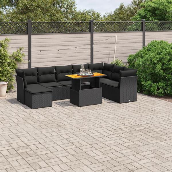 ARDEBO.de - 9-tlg. Garten-Sofagarnitur mit Kissen Schwarz Poly Rattan