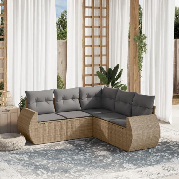 ARDEBO.de - 5-tlg. Garten-Sofagarnitur mit Kissen Beige Poly Rattan