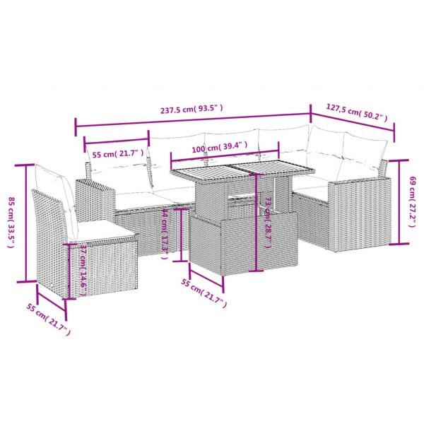 7-tlg. Garten-Sofagarnitur mit Kissen Schwarz Poly Rattan