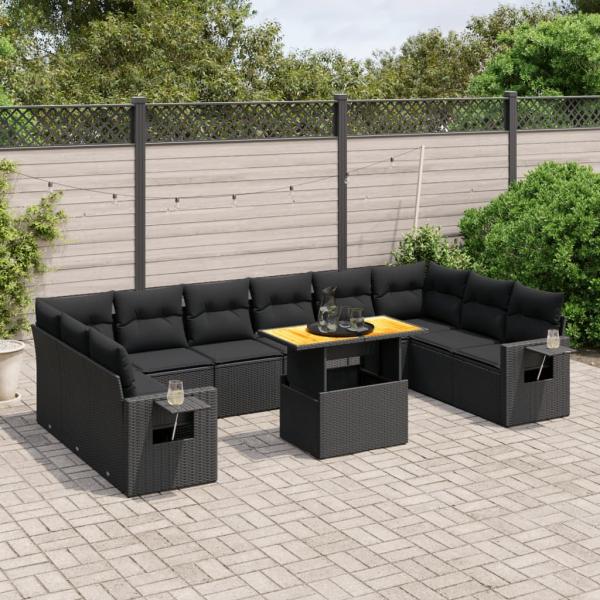 ARDEBO.de - 11-tlg. Garten-Sofagarnitur mit Kissen Schwarz Poly Rattan