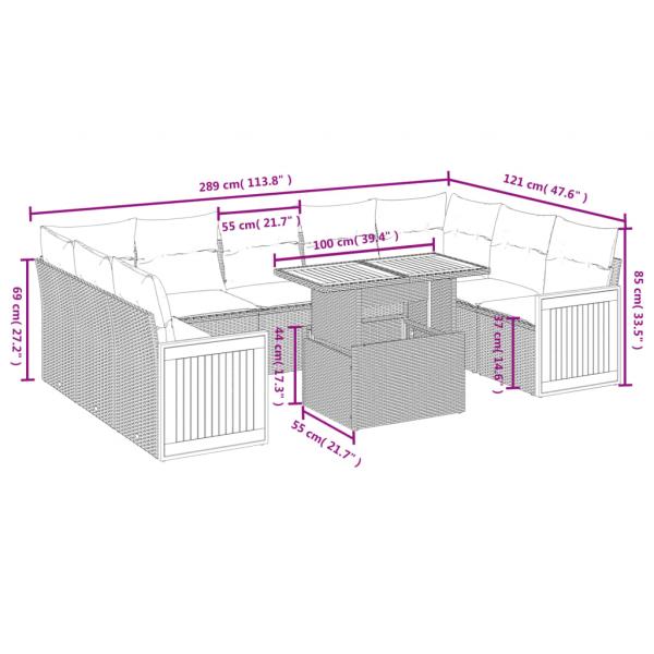 10-tlg. Garten-Sofagarnitur mit Kissen Schwarz Poly Rattan