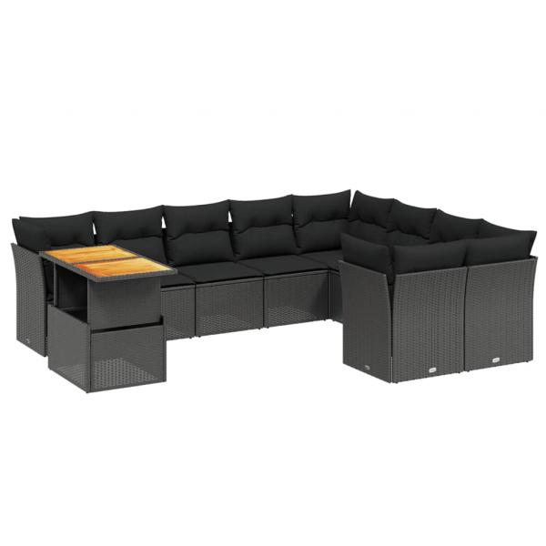 10-tlg. Garten-Sofagarnitur mit Kissen Schwarz Poly Rattan