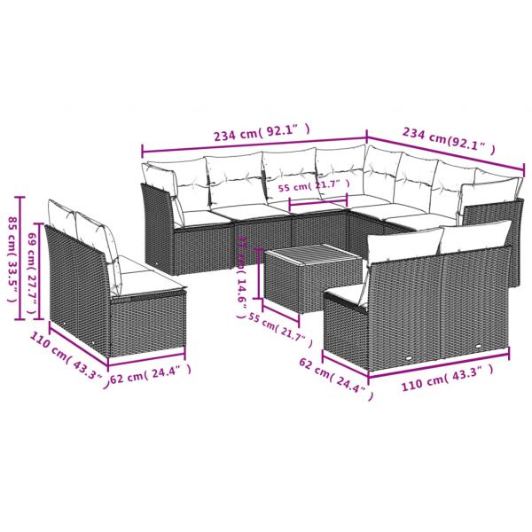 12-tlg. Garten-Sofagarnitur mit Kissen Schwarz Poly Rattan