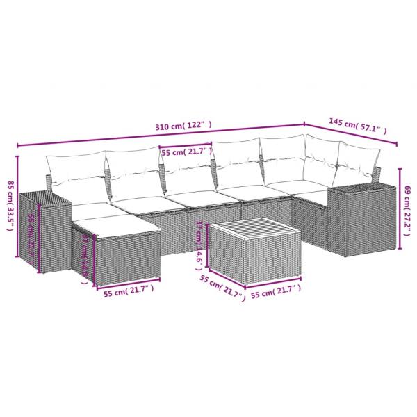 8-tlg. Garten-Sofagarnitur mit Kissen Grau Poly Rattan