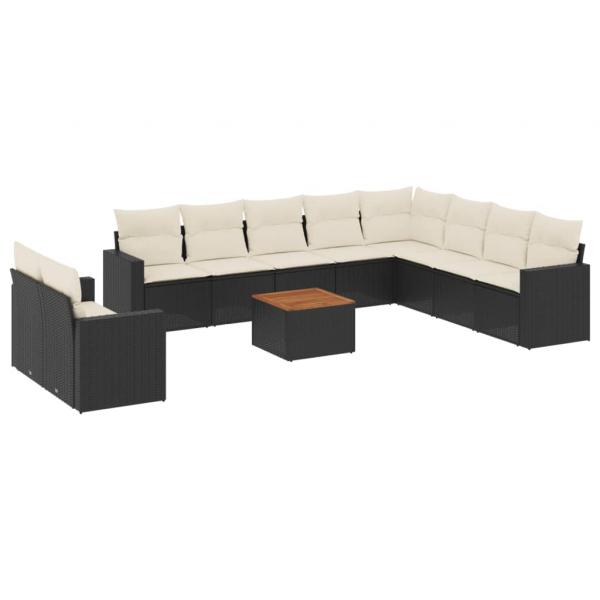 11-tlg. Garten-Sofagarnitur mit Kissen Schwarz Poly Rattan