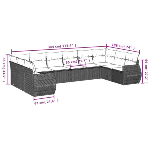 10-tlg. Garten-Sofagarnitur mit Kissen Grau Poly Rattan