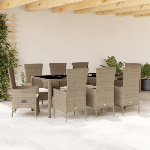 ARDEBO.de - 9-tlg. Garten-Essgruppe mit Kissen Beige Poly Rattan