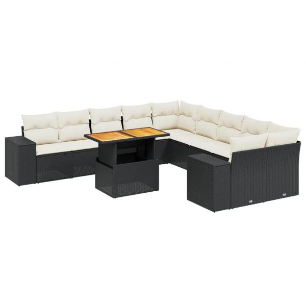 11-tlg. Garten-Sofagarnitur mit Kissen Schwarz Poly Rattan