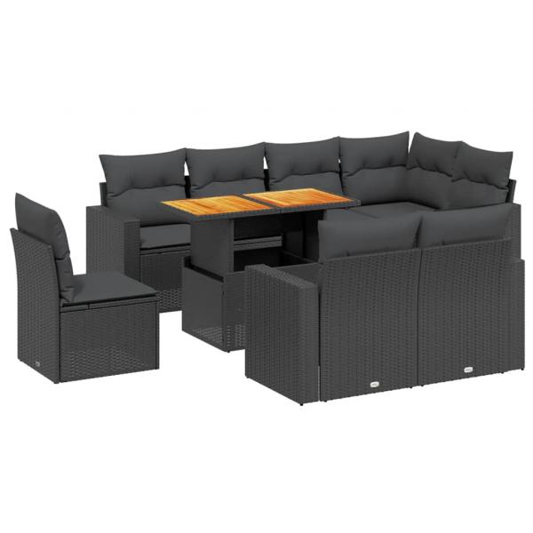 9-tlg. Garten-Sofagarnitur mit Kissen Schwarz Poly Rattan