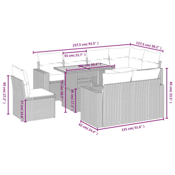 9-tlg. Garten-Sofagarnitur mit Kissen Schwarz Poly Rattan