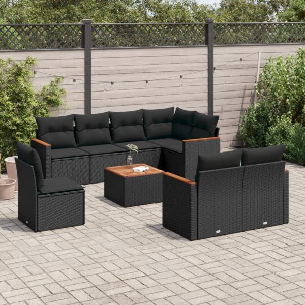 ARDEBO.de - 9-tlg. Garten-Sofagarnitur mit Kissen Schwarz Poly Rattan