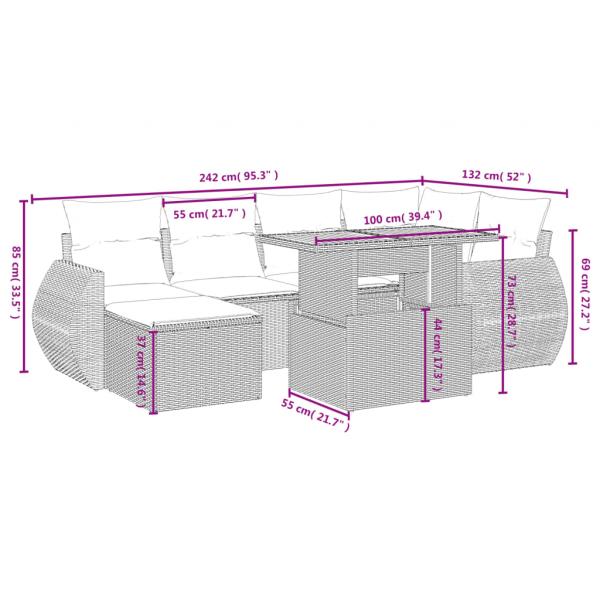 7-tlg. Garten-Sofagarnitur mit Kissen Schwarz Poly Rattan