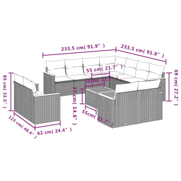 12-tlg. Garten-Sofagarnitur mit Kissen Grau Poly Rattan