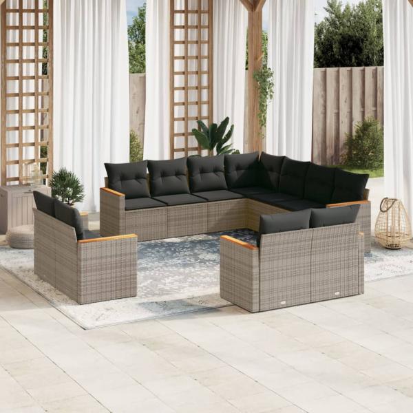 ARDEBO.de - 11-tlg. Garten-Sofagarnitur mit Kissen Grau Poly Rattan