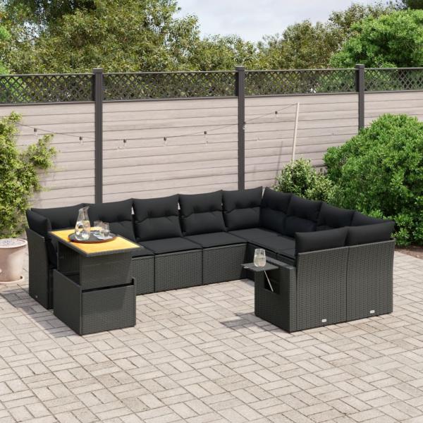 ARDEBO.de - 10-tlg. Garten-Sofagarnitur mit Kissen Schwarz Poly Rattan