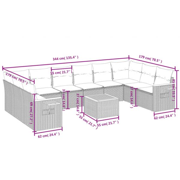 11-tlg. Garten-Sofagarnitur mit Kissen Schwarz Poly Rattan