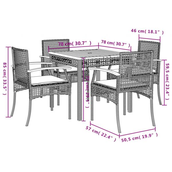 5-tlg. Garten-Essgruppe mit Kissen Grau Poly Rattan