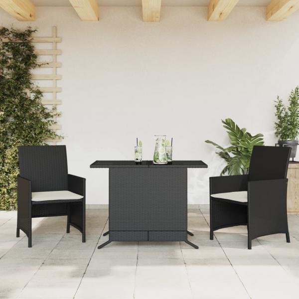 ARDEBO.de - 3-tlg. Bistro-Set mit Kissen Schwarz Poly Rattan