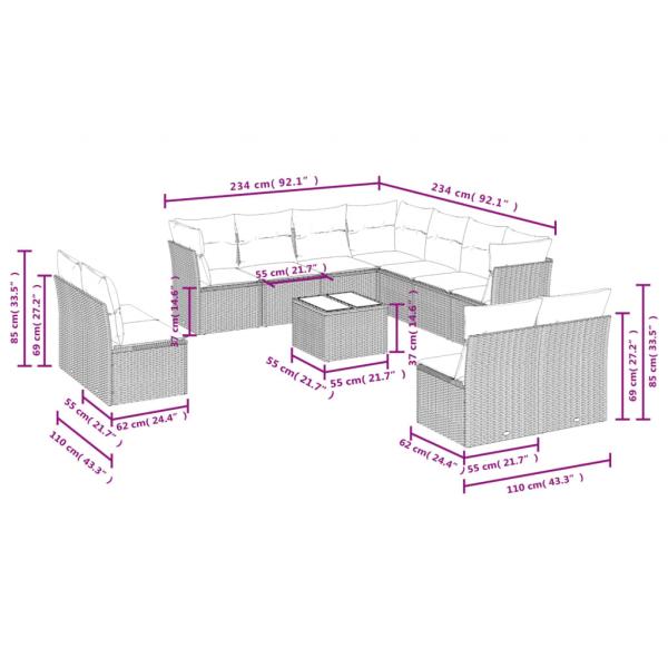 12-tlg. Garten-Sofagarnitur mit Kissen Schwarz Poly Rattan