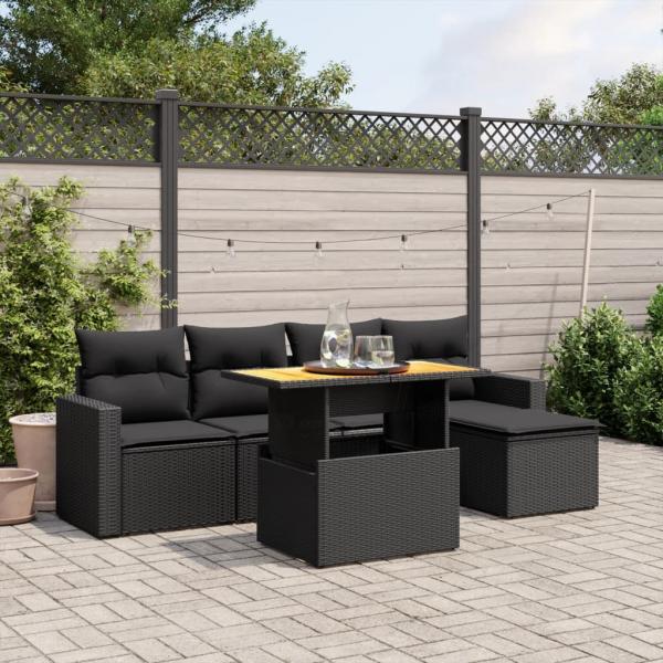 ARDEBO.de - 6-tlg. Garten-Sofagarnitur mit Kissen Schwarz Poly Rattan