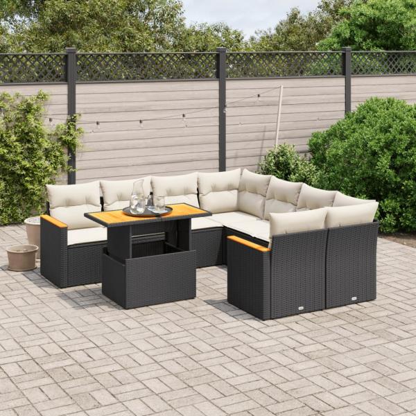 ARDEBO.de - 9-tlg. Garten-Sofagarnitur mit Kissen Schwarz Poly Rattan