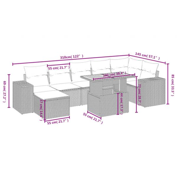 8-tlg. Garten-Sofagarnitur mit Kissen Schwarz Poly Rattan