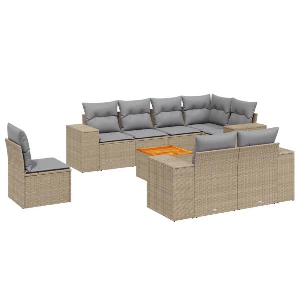 9-tlg. Garten-Sofagarnitur mit Kissen Beige Poly Rattan