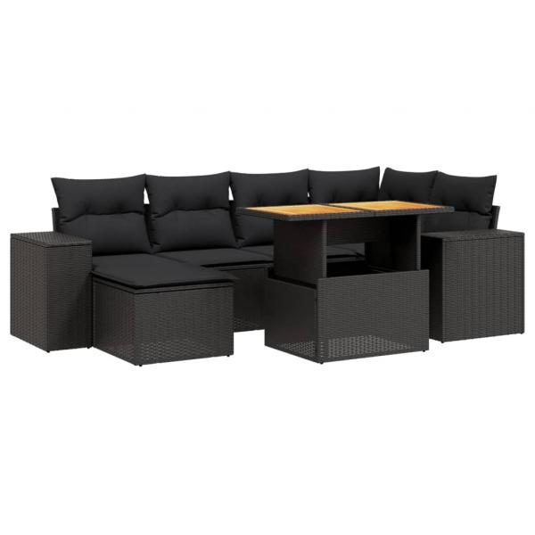 7-tlg. Garten-Sofagarnitur mit Kissen Schwarz Poly Rattan