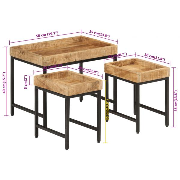 Satztische 3 Stk. Raues Massivholz Mango und Eisen