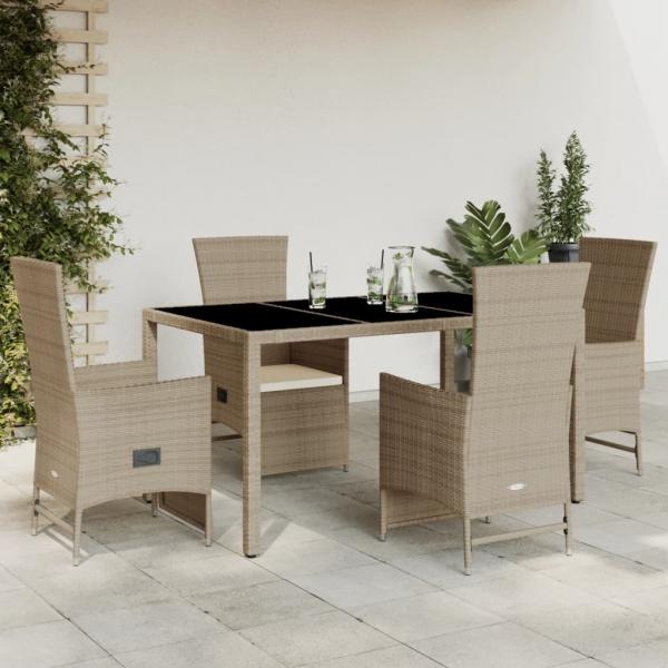 ARDEBO.de - 5-tlg. Garten-Essgruppe mit Kissen Beige Poly Rattan