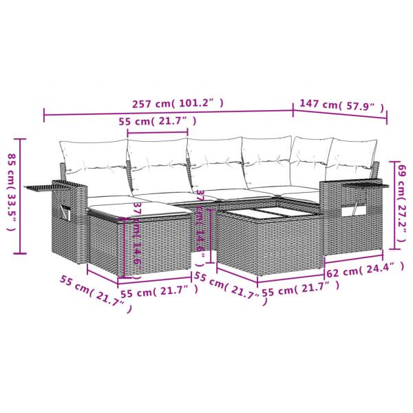 7-tlg. Garten-Sofagarnitur mit Kissen Grau Poly Rattan